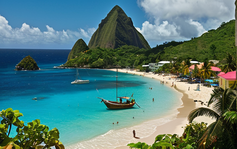 **
A vibrant Caribbean scene, but with subtle hints of underlying tension. Show a beautiful beach with tourists, juxtaposed with a shadowy figure lurking in the background, hinting at the economic disparities and potential crime targeting tourism in Saint Lucia. Focus on the contrast between the idyllic vacation setting and the lurking threat.
**